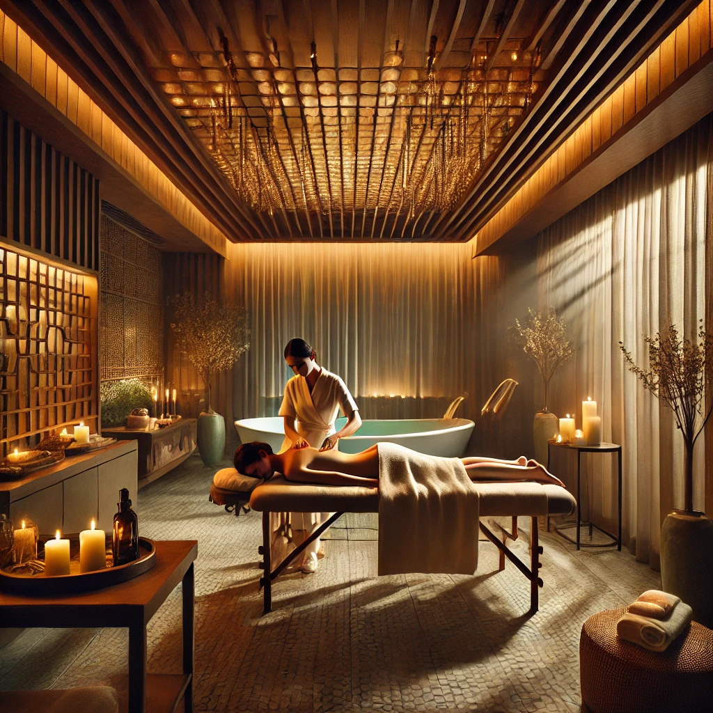 Full body massage in a serene spa room with dim lighting and calming decor